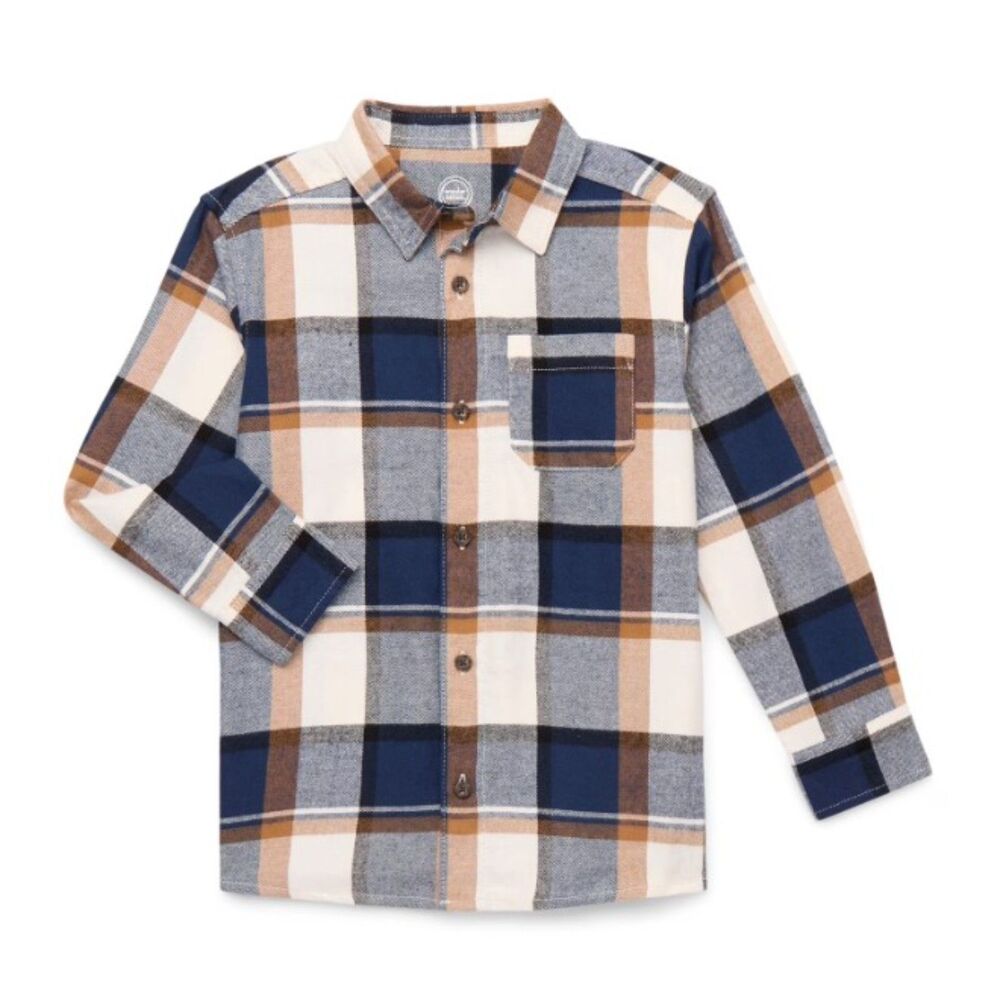 NEW Boys Sz Large (10-12) Husky Blue & Brown Plaid Soft Flannel Button Up Shirt